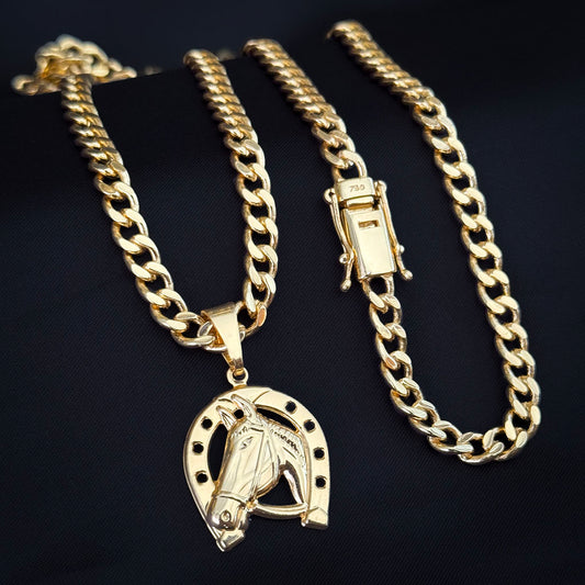 Corrente Cubana 6mm e Pingente Cavalo com Ferradura Banhado a Ouro 18K