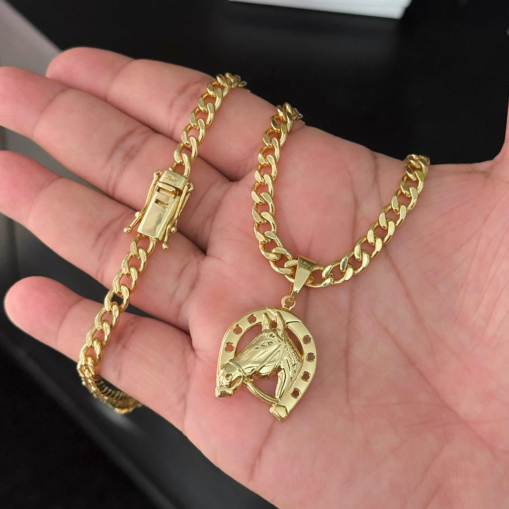Corrente Cubana 6mm e Pingente Cavalo com Ferradura Banhado a Ouro 18K