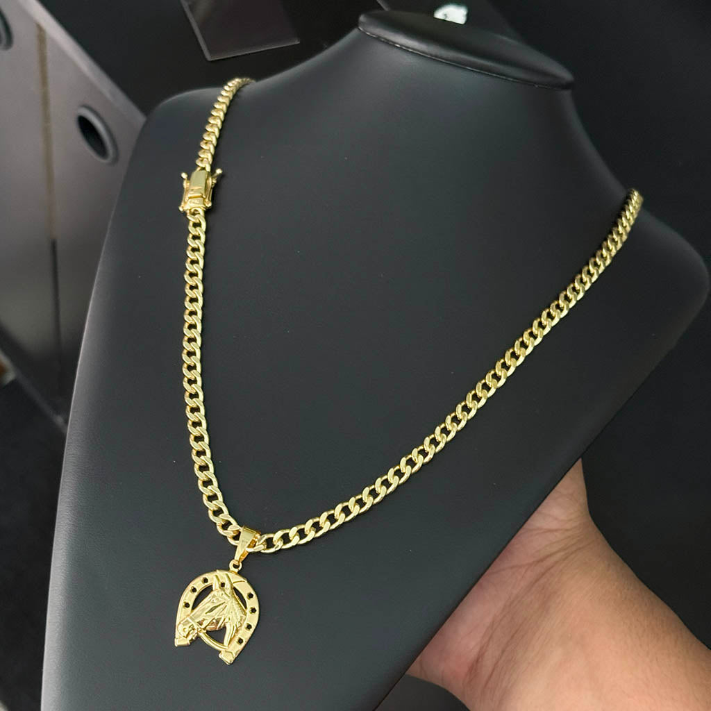 Corrente Cubana 6mm e Pingente Cavalo com Ferradura Banhado a Ouro 18K