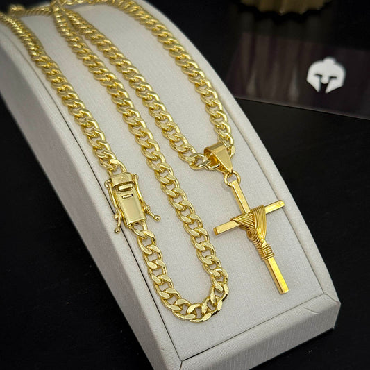 Corrente Cubana 6mm e Pingente Cruz Amarrada Banhado a Ouro 18K