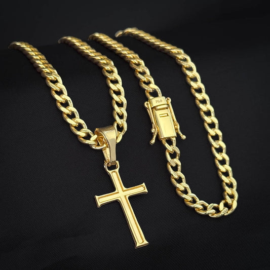 Corrente Cubana 6mm e Pingente Cruz Banhado a Ouro 18K