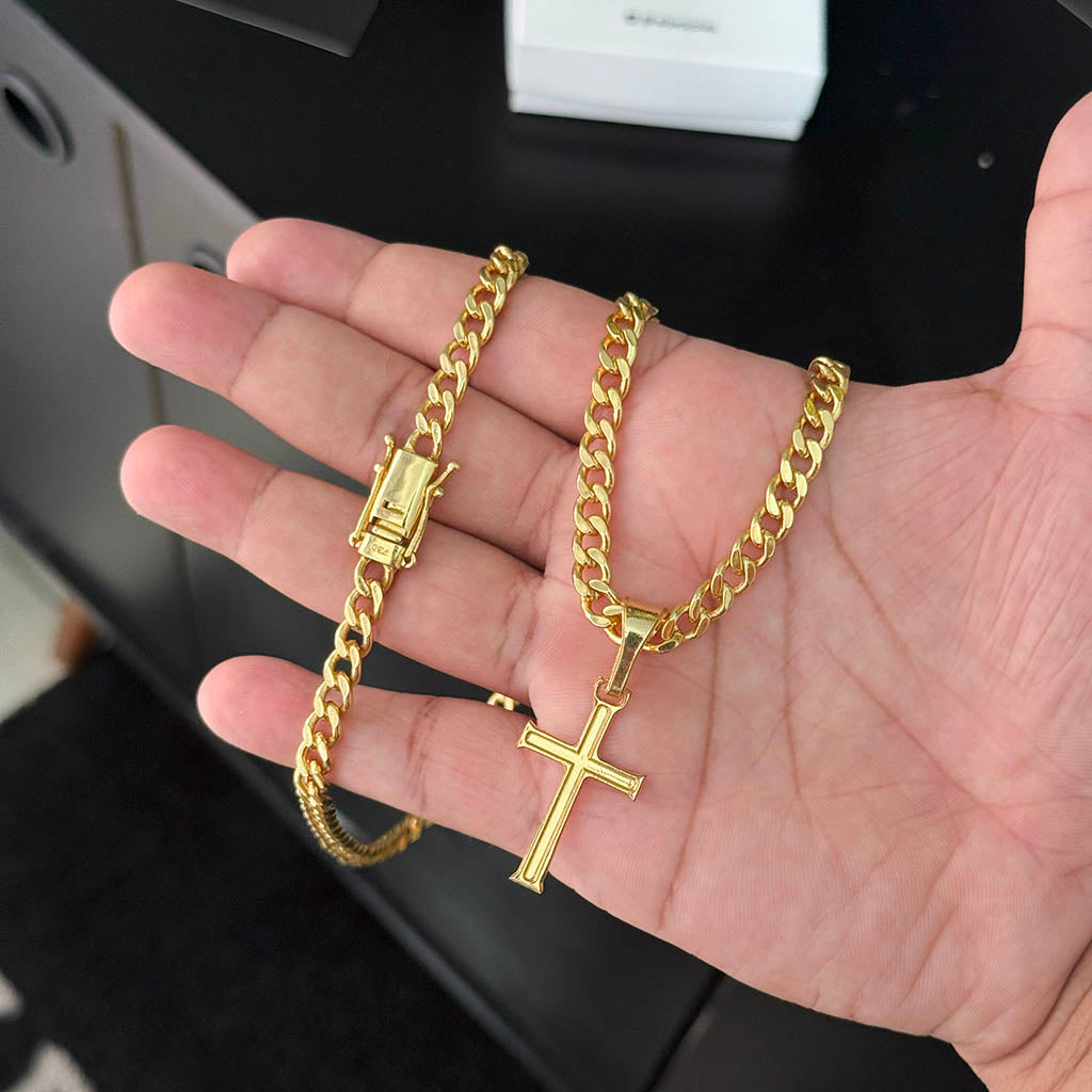 Corrente Cubana 6mm e Pingente Cruz Banhado a Ouro 18K