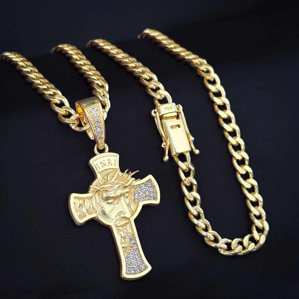 Corrente Cubana 6mm e Pingente Cruz Cravejada com Rosto de Cristo Banhado a Ouro 18K