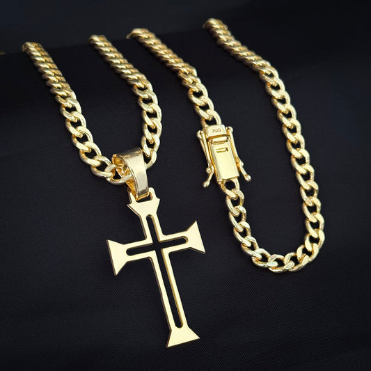 Corrente Cubana 6mm e Pingente Cruz Ponta Banhado a Ouro 18K