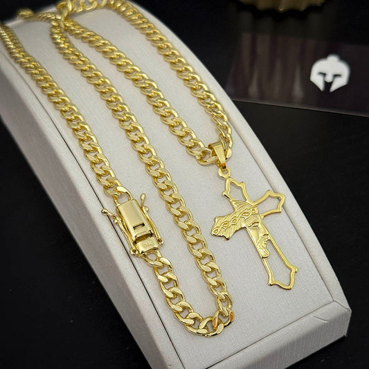 Corrente Cubana 6mm e Pingente Cruz Ponta com Face Banhado a Ouro 18K