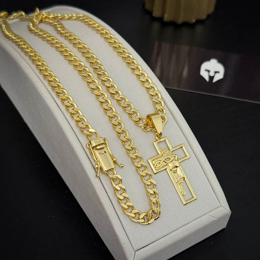 Corrente Cubana 6mm e Pingente Cruz Rosto Banhado a Ouro 18K