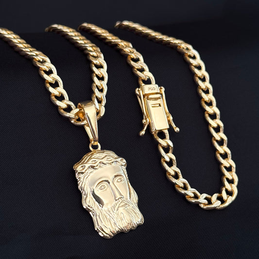 Corrente Cubana 6mm e Pingente Face de Jesus Banhado a Ouro 18K
