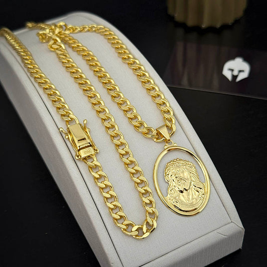 Corrente Cubana 6mm e Pingente Jesus Cristo Vazado Banhado a Ouro 18K