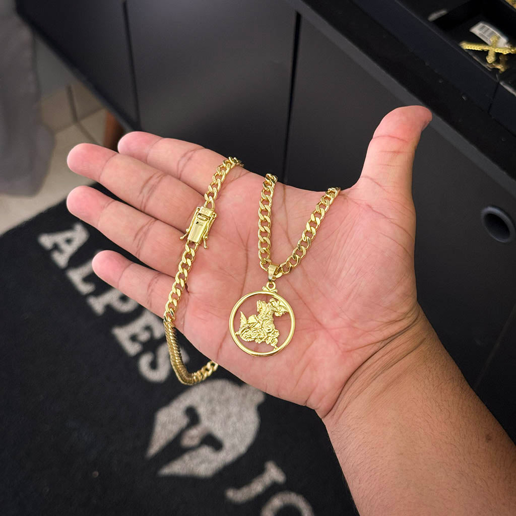 Corrente Cubana 6mm e Pingente Medalha São Jorge Banhado a Ouro 18K
