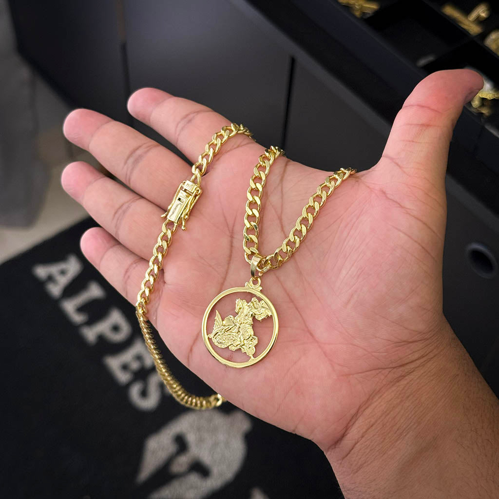 Corrente Cubana 6mm e Pingente Medalha São Jorge Banhado a Ouro 18K
