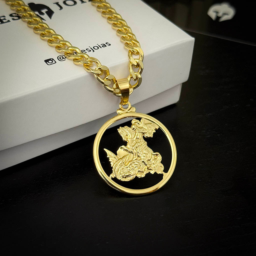 Corrente Cubana 6mm e Pingente Medalha São Jorge Banhado a Ouro 18K