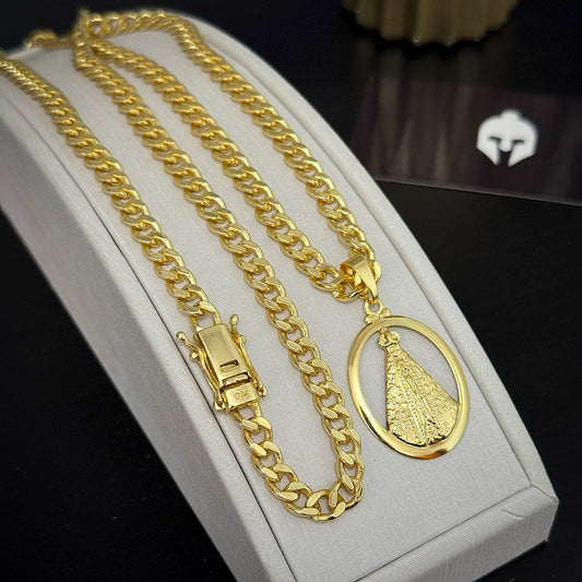 Corrente Cubana 6mm e Pingente N. Sra. Aparecida Vazado Banhado a Ouro 18K