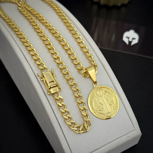 Corrente Cubana 6mm e Pingente São Bento Banhado a Ouro 18K