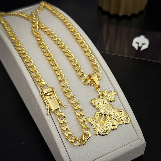 Corrente Cubana 6mm e Pingente São Jorge Banhado a Ouro 18K