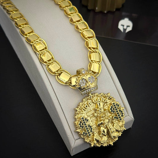 Corrente Dubai 12mm e Pingente Vida Cara Banhado a Ouro 18K