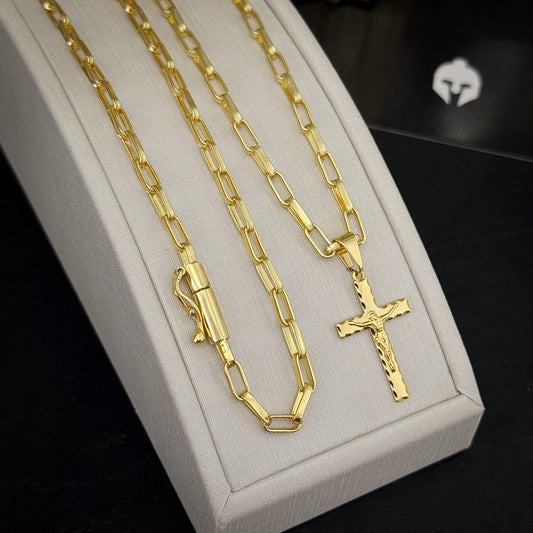 Corrente Elo Alongado 4mm e Pingente Crucifixo Borda Detalhada Banhado a Ouro 18K