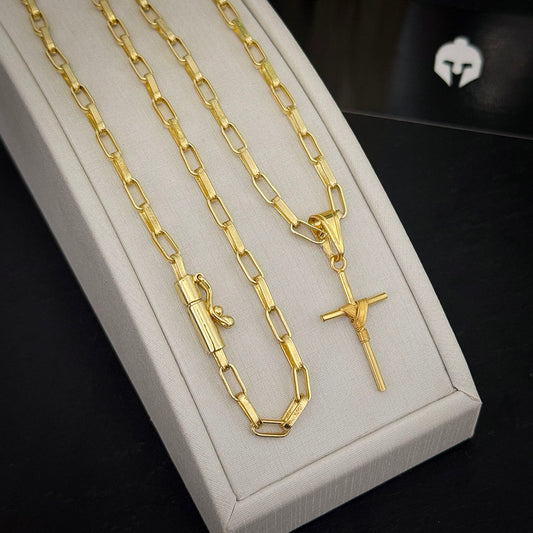 Corrente Elo Alongado 4mm e Pingente Cruz Amarrada Banhado a Ouro 18K
