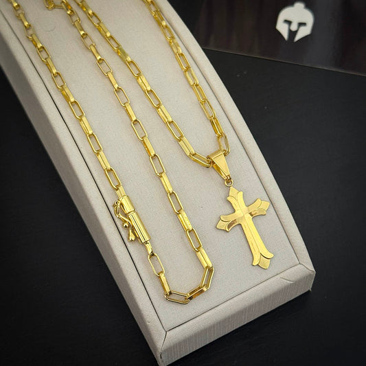 Corrente Elo Alongado 4mm e Pingente Cruz Ponta Aberta Banhado a Ouro 18K