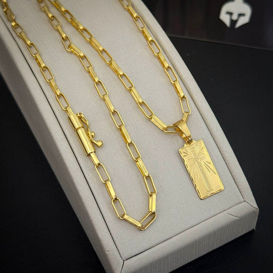 Corrente Elo Alongado 4mm e Pingente Placa Cruz Banhado a Ouro 18K