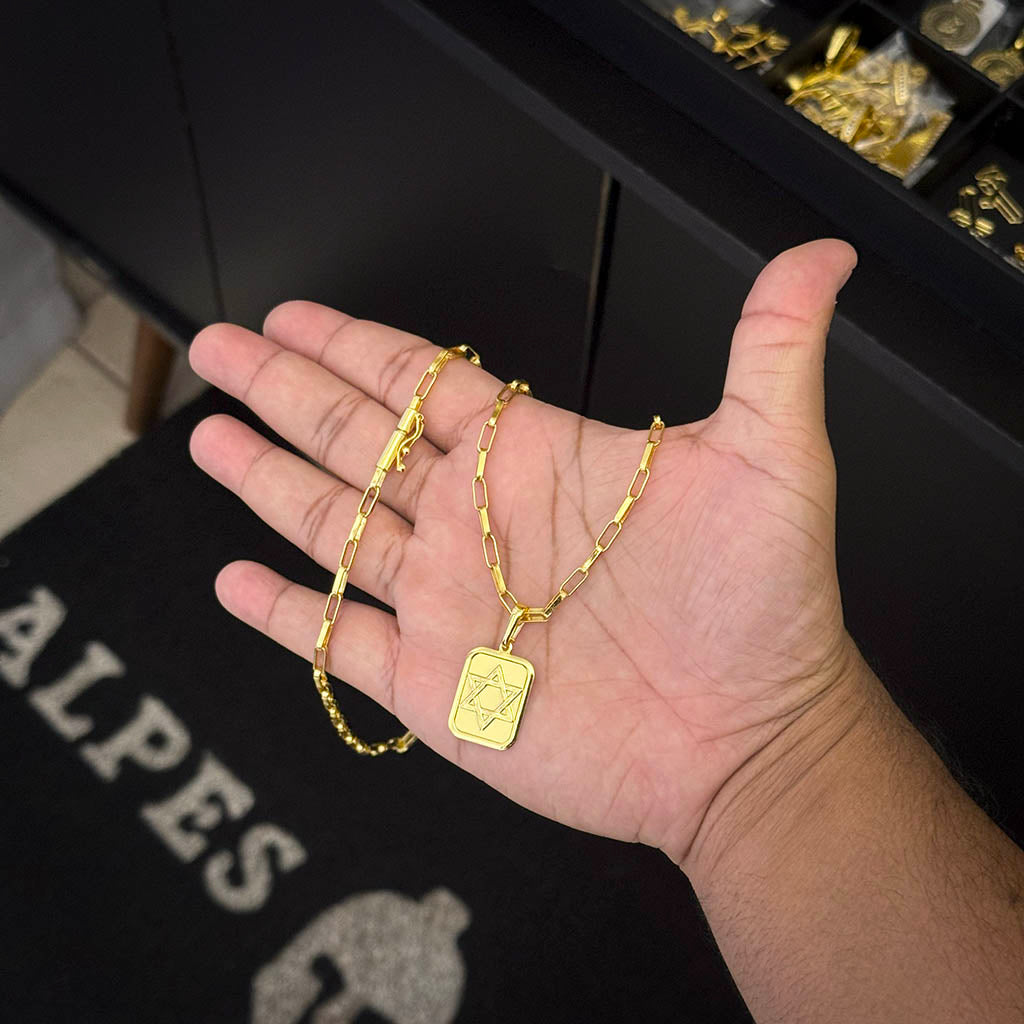 Corrente Elo Alongado 4mm e Pingente Placa Estrela de Davi Banhado a Ouro 18K
