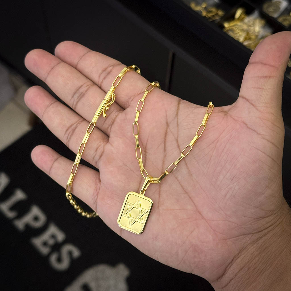 Corrente Elo Alongado 4mm e Pingente Placa Estrela de Davi Banhado a Ouro 18K