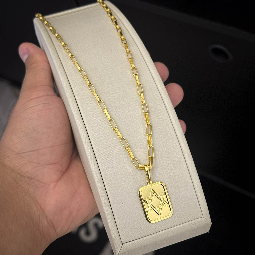 Corrente Elo Alongado 4mm e Pingente Placa Estrela de Davi Banhado a Ouro 18K