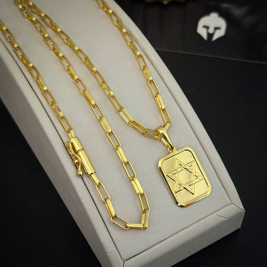 Corrente Elo Alongado 4mm e Pingente Placa Estrela de Davi Banhado a Ouro 18K