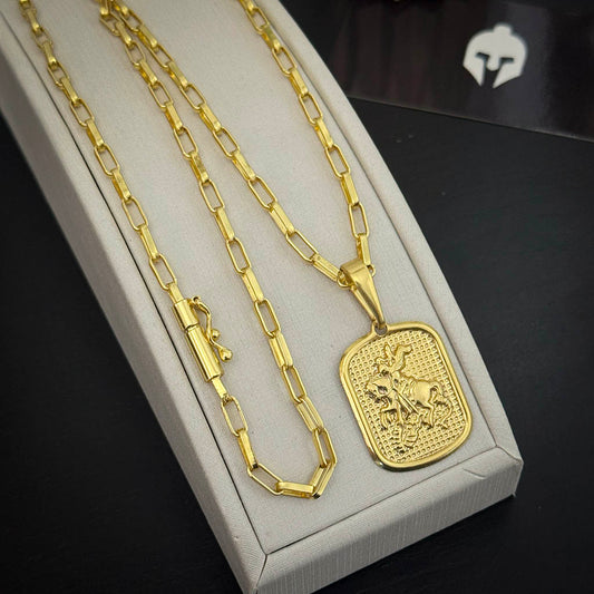 Corrente Elo Alongado 4mm e Pingente Placa São Jorge Banhado a Ouro 18K