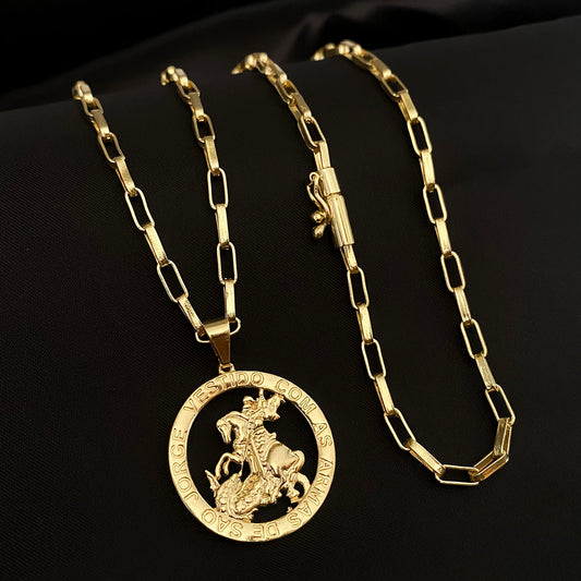 Corrente Elo Alongado 4mm e Pingente São Jorge Vazado Banhado a Ouro 18K