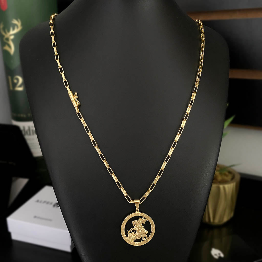 Corrente Elo Alongado 4mm e Pingente São Jorge Vazado Banhado a Ouro 18K