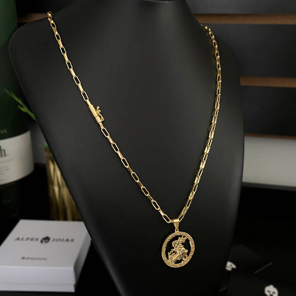 Corrente Elo Alongado 4mm e Pingente São Jorge Vazado Banhado a Ouro 18K