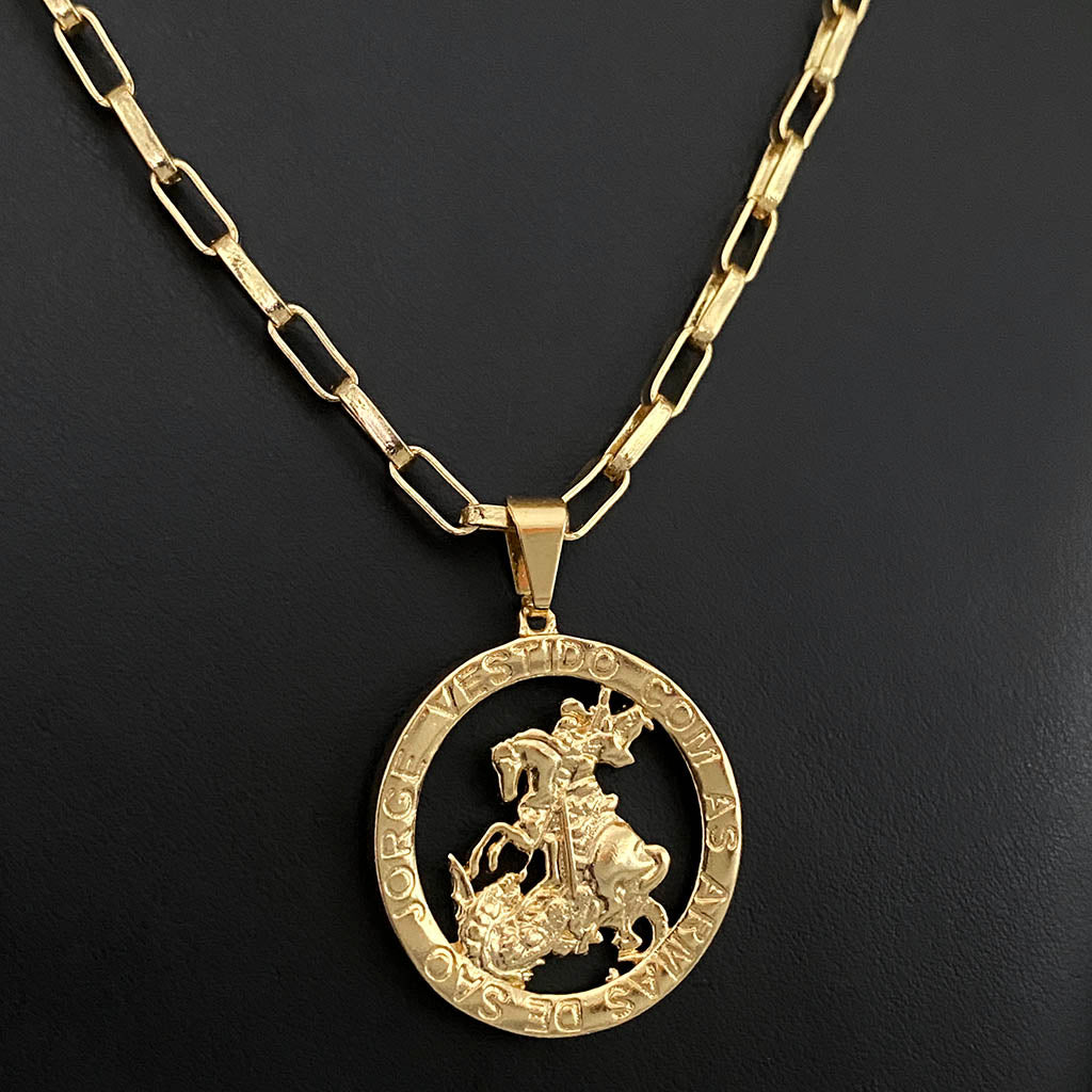 Corrente Elo Alongado 4mm e Pingente São Jorge Vazado Banhado a Ouro 18K