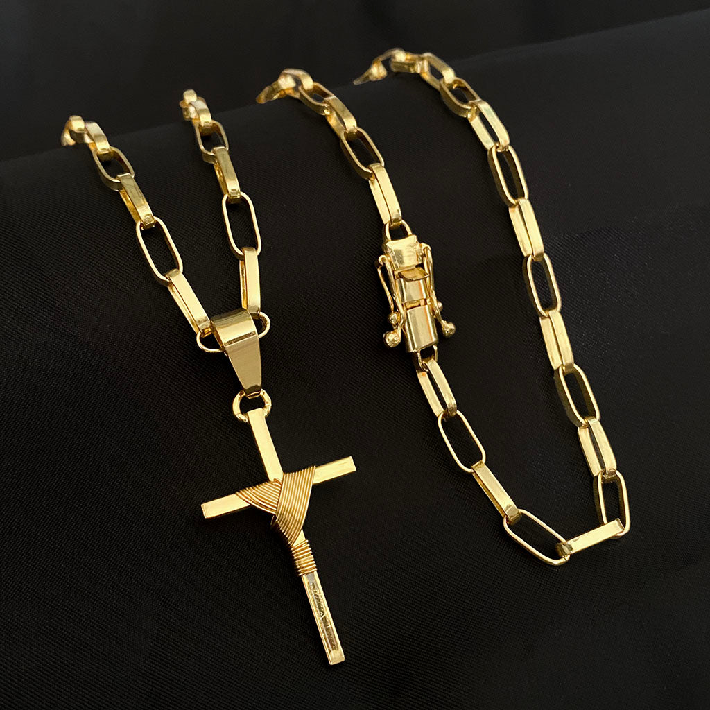 Corrente Elo Alongado 5mm e Pingente Cruz Amarrada Banhado a Ouro 18K