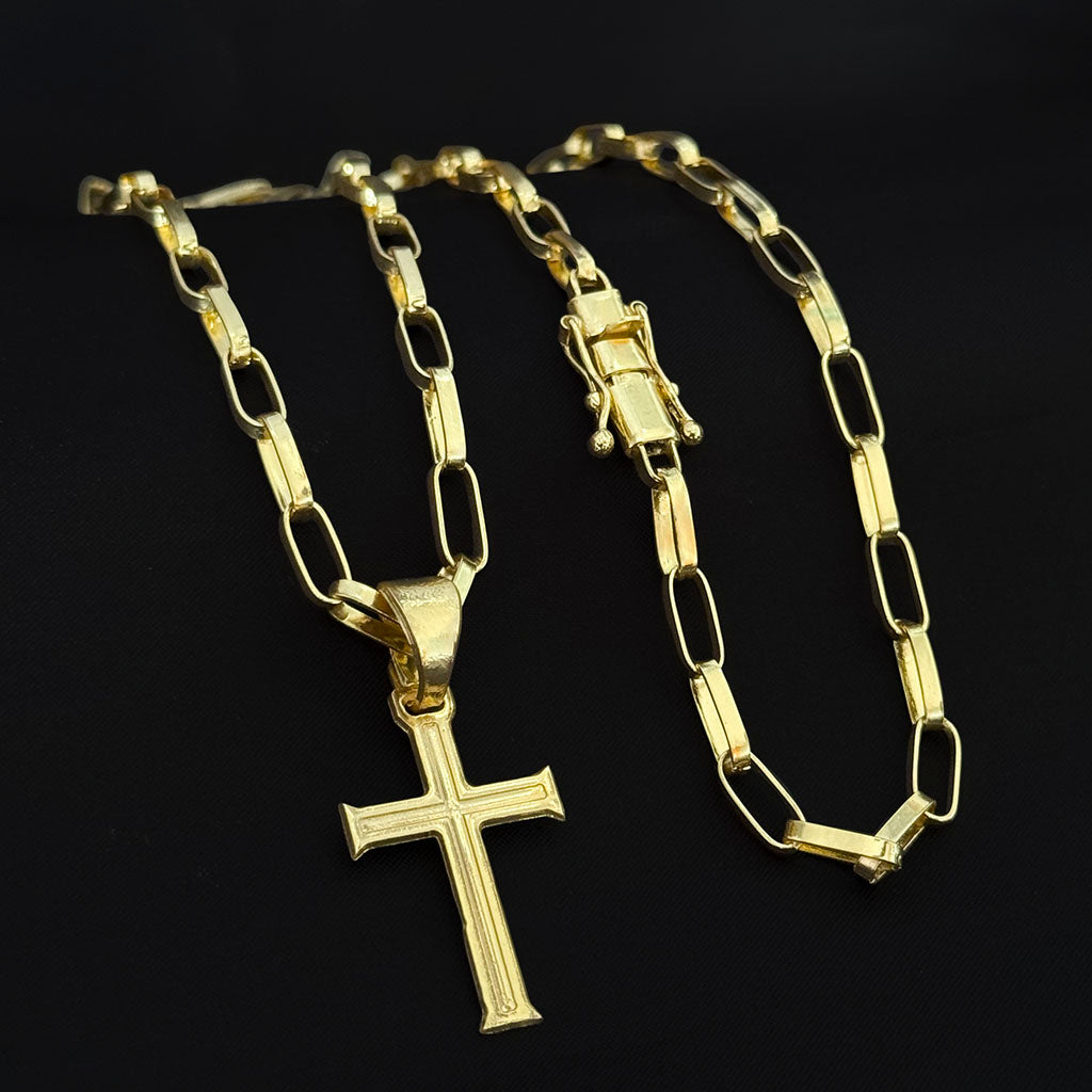 Corrente Elo Alongado 5mm e Pingente Cruz Banhado a Ouro 18K