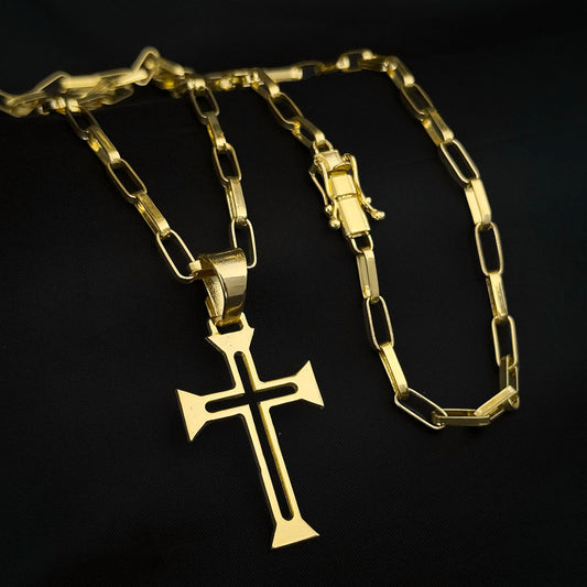 Corrente Elo Alongado 5mm e Pingente Cruz Ponta Banhado a Ouro 18K