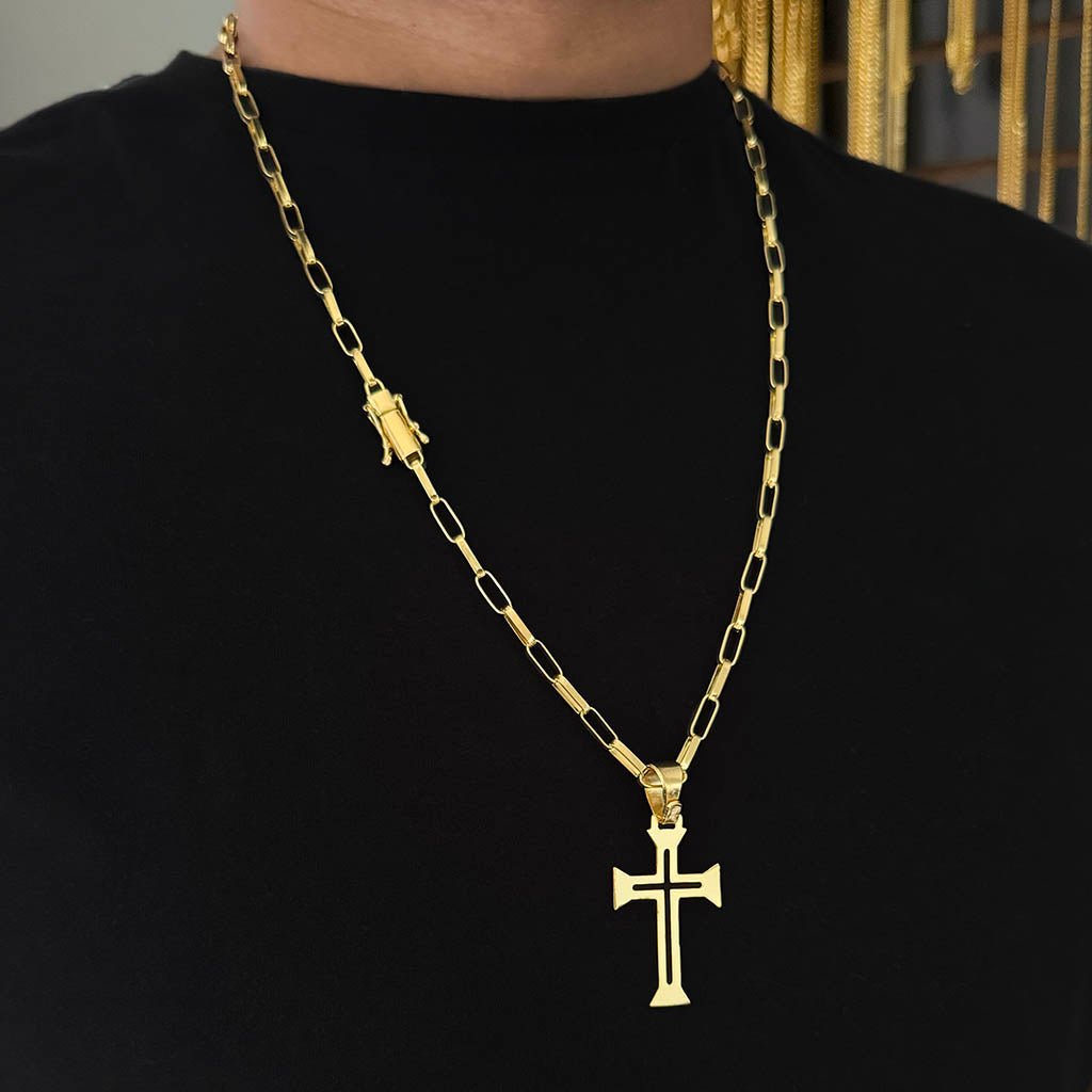 Corrente Elo Alongado 5mm e Pingente Cruz Ponta Banhado a Ouro 18K