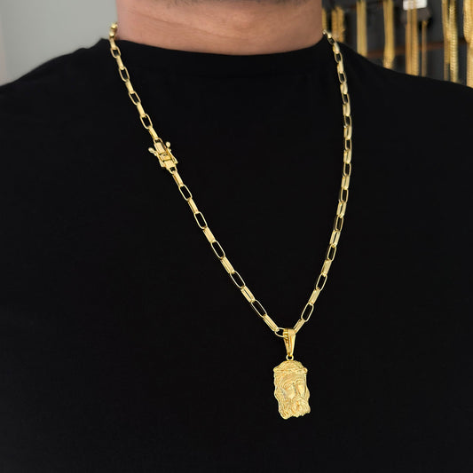 Corrente Elo Alongado 5mm e Pingente Face de Jesus Banhado a Ouro 18K