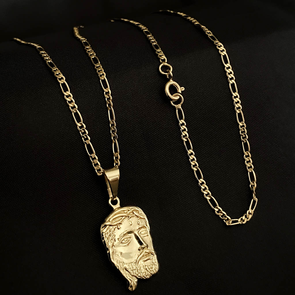 Corrente Fígaro 1,5mm e Pingente Face de Cristo Banhado a Ouro 18K