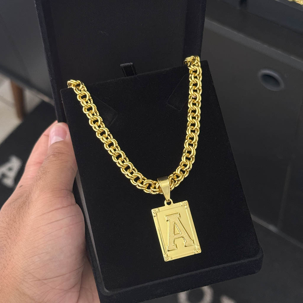 Corrente Friso Duplo 6mm e Pingente Letra Banhado a Ouro 18K