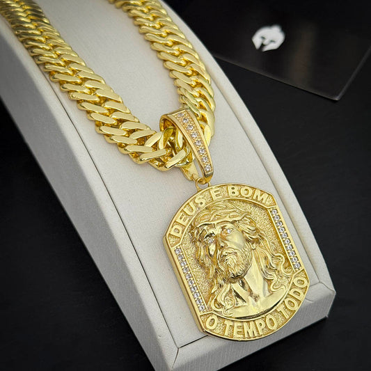 Corrente Grumet 13mm e Pingente Deus é Bom Banhado a Ouro 18K