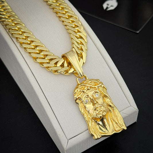 Corrente Grumet 13mm e Pingente Face de Cristo Banhado a Ouro 18K