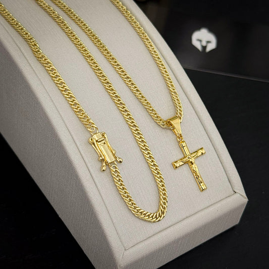 Corrente Grumet 3mm e Pingente Crucifixo Clássico Banhado a Ouro 18K