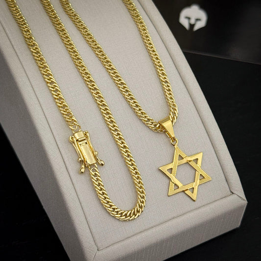 Corrente Grumet 3mm e Pingente Estrela de Davi Banhado a Ouro 18K