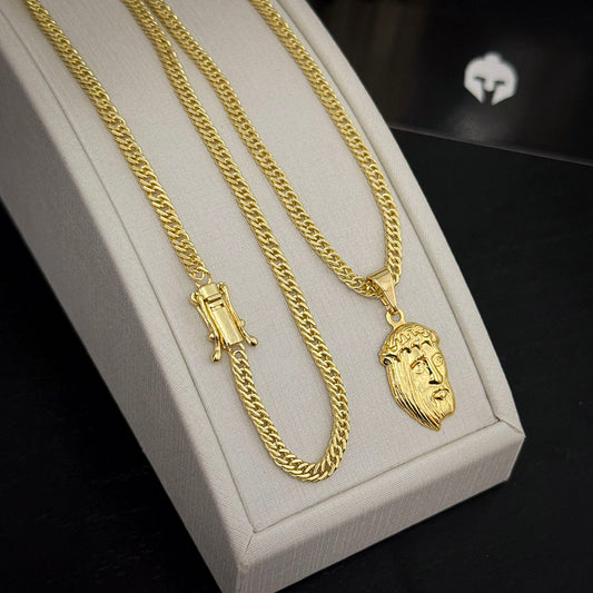 Corrente Grumet 3mm e Pingente Face de Cristo 3D Banhado a Ouro 18K