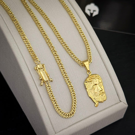 Corrente Grumet 3mm e Pingente Face de Cristo Banhado a Ouro 18K