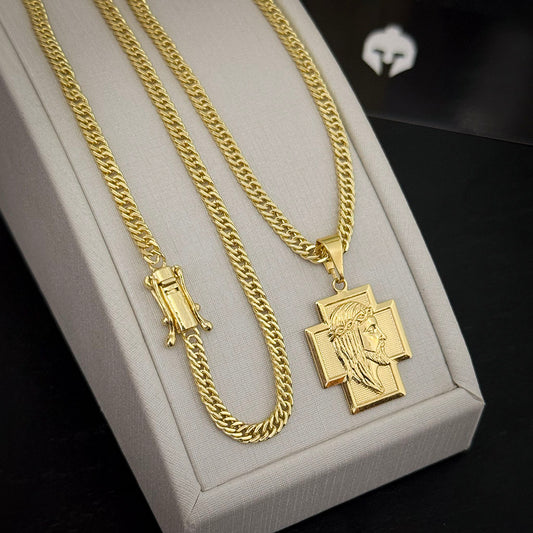 Corrente Grumet 3mm e Pingente Face de Cristo Perfil Banhado a Ouro 18K