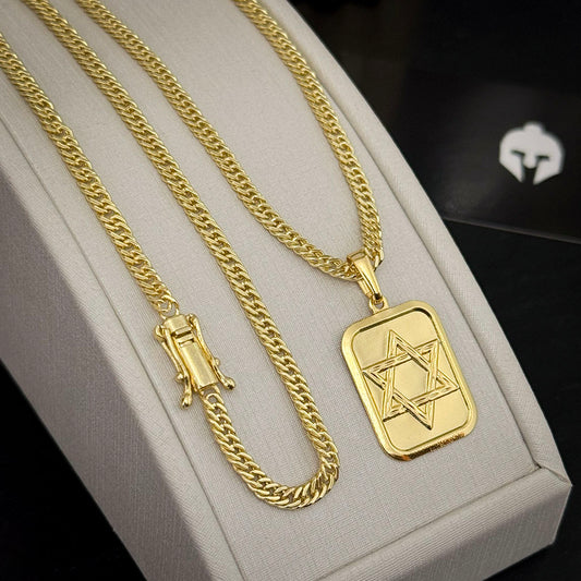 Corrente Grumet 3mm e Pingente Placa Estrela de Davi Banhado a Ouro 18K