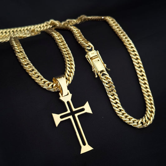 Corrente Grumet 7mm e Pingente Cruz Ponta Banhado a Ouro 18K
