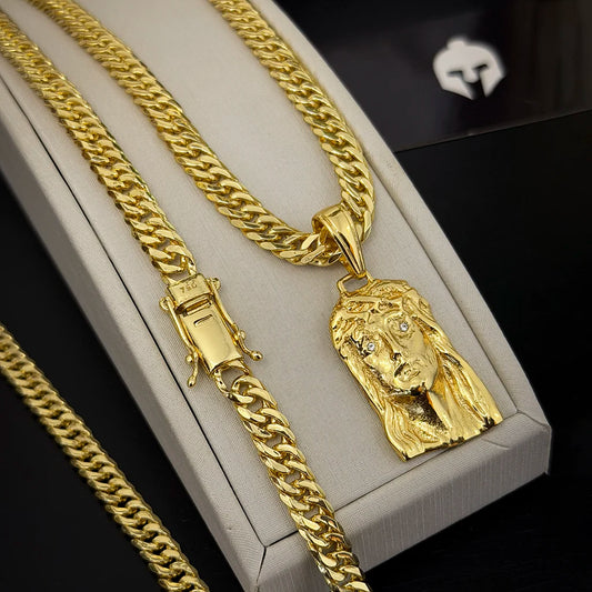 Corrente Grumet 7mm e Pingente Face de Cristo Maciça Banhado a Ouro 18K