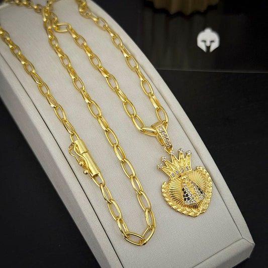 Corrente Meia Cana 4mm e Pingente Coração N. Sra. Aparecida Banhado a Ouro 18K